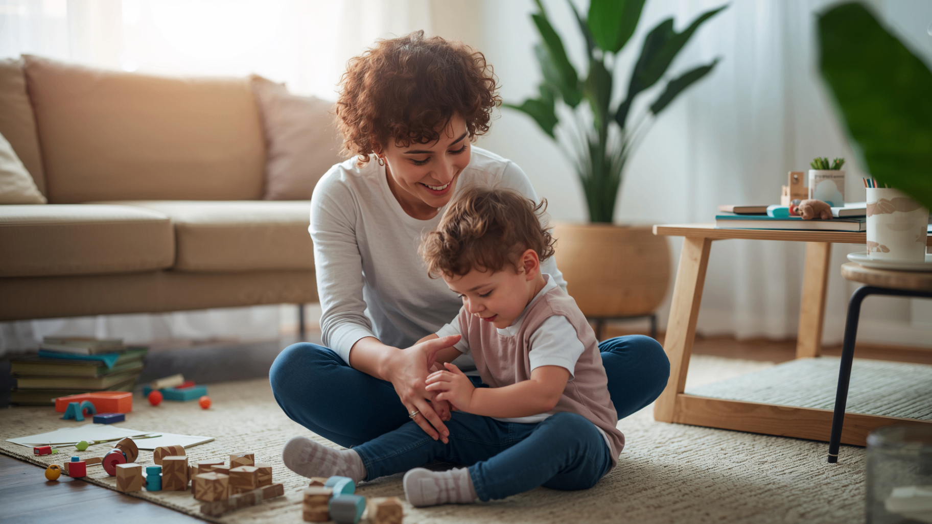A caregiver and child sharing a warm, playful moment in a home setting.